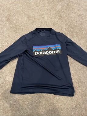 Patagonia Navy Blue Logo Long-Sleeve Kids Shirt with Multicolor Stripe